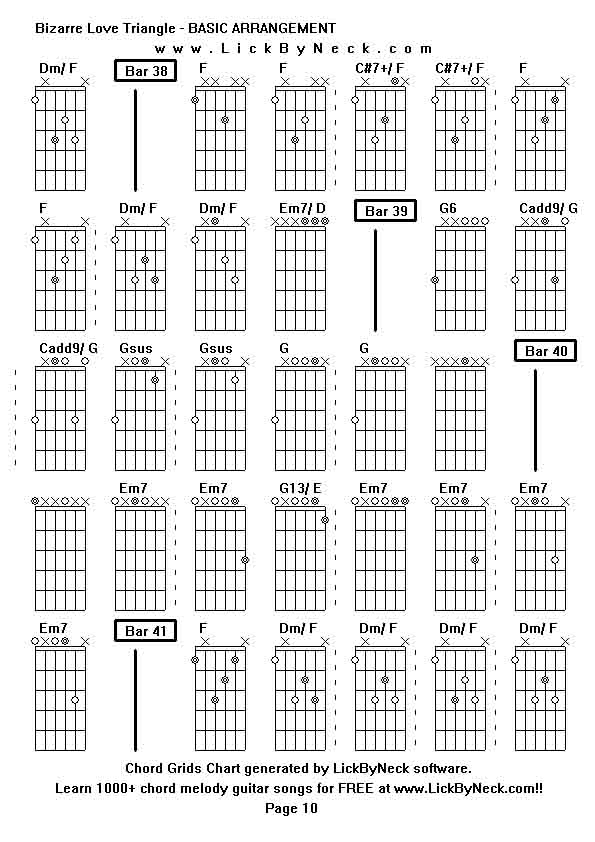 Chord Grids Chart of chord melody fingerstyle guitar song-Bizarre Love Triangle - BASIC ARRANGEMENT,generated by LickByNeck software.